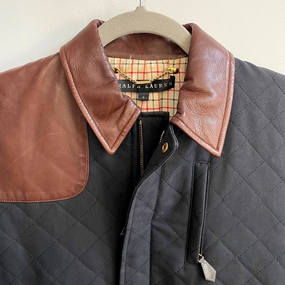 Ralph Lauren Quilted Barn Jacket Brown Leather Trim Women Size 6 - Picture 2 of 9